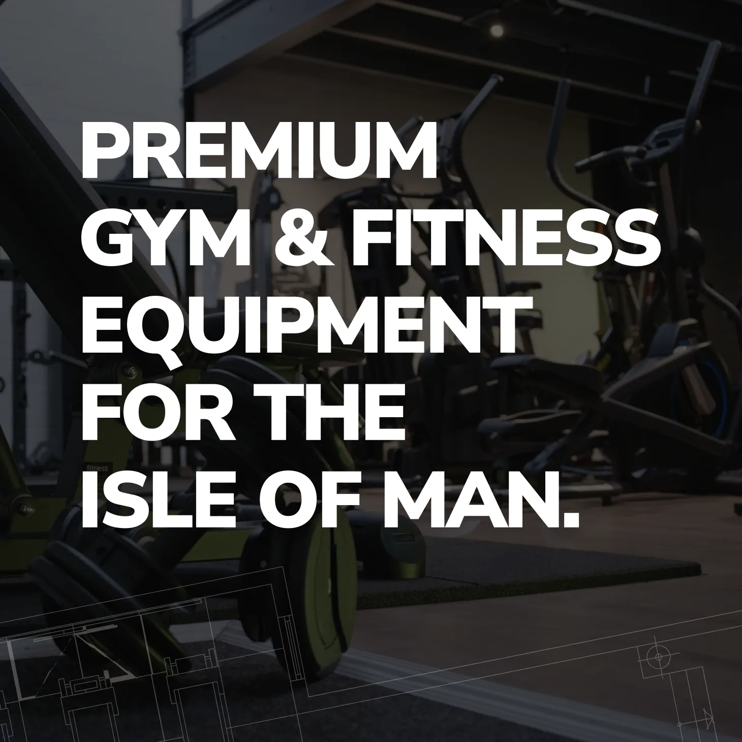 MyGym social media graphic with the headline Premium Gym and Fitness Equipment for the Isle of Man overlaid on a darkened gym floor with weight plates and cardio equipment, created by DotPerformance